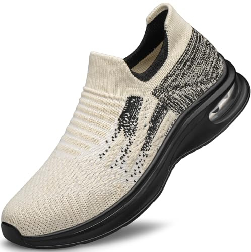 YHOON Mens Walking Trainers Ultra Lightweight Tennis Running Shoes Non-Slip Casual Comfortable Work Athletic Cushioned Trainers Beige Size 10