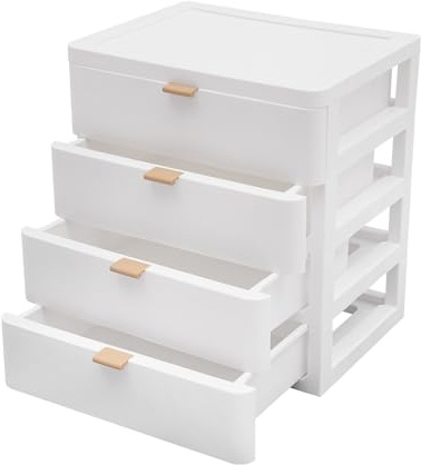 WooDerson Desktop Storage Box, 4 Drawers Stackable Desktop Storage Drawers Plastic Unit White Makeup Modern Drawer Organiser, PP Desk Organizer with Drawer for Home Office Dresser Dorm Supplies