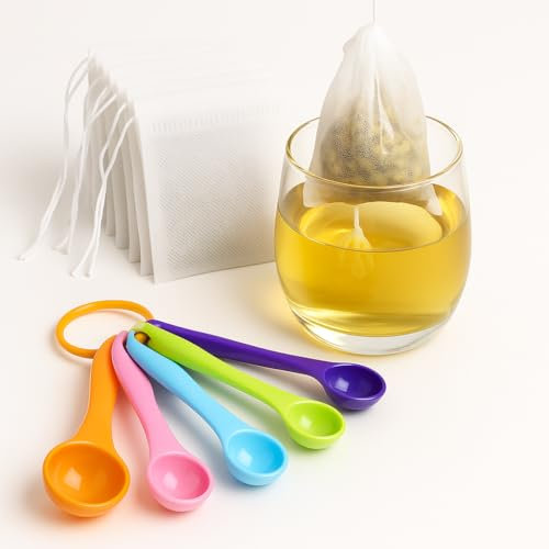 DOINEUFL 100Pcs Tea Bags Empty with 5 Measuring Spoons,Tea Strainer Made from Nylon,Disposable Tea Infuser for Coffee Spice Infusions or DIY Scented Bags