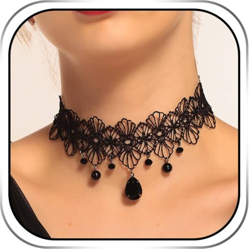 Evlry Collier ras du cou gothique en dentelle noire avec pendentif en strass - Bijoux pour femmes et filles