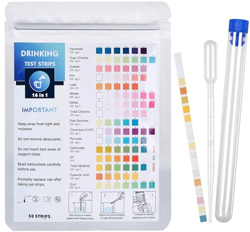 Lot de 50 Testeur d'eau potable 16-en-1, Bandelettes Spa et Piscine Testeur pour Analyse de la Qualité de l'Eau du Robinet Aquarium Eau avec tube à essai Test Brome pH Dureté Chlore Libre Cuivre Plomb
