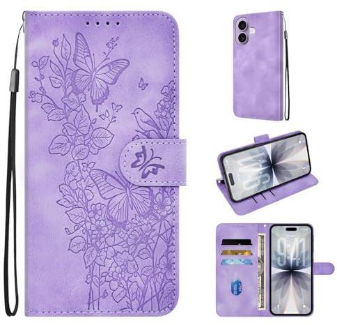 JRIANY Case for iPhone 17, PU Leather Wallet Case with Card Holder Pattern Butterfly Design Phone Case Shockproof Protective Cover Flip Case Compatible with Apple iPhone 17 - Purple