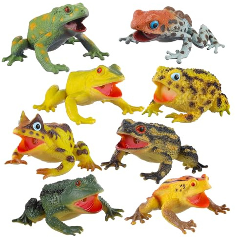 JOKFEICE Figuras de animales de 8 piezas, modelos de acción de rana chirriante realistas para proyectos de ciencia, juguetes educativos, regalo de cumpleaños y decoración de pasteles para niños
