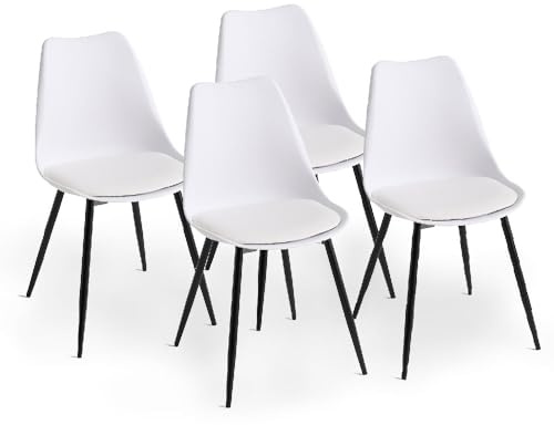 SIEDITI FUORI E DENTRO Set di 4 sedie sala da pranzo, Sedie da cucina in polipropilene con cuscino ecopelle e gambe in metallo, Sedie stile scandinavo (Polipropilene, Bianco)