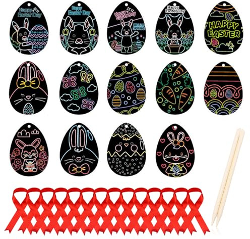 VYNZOR 14 Stück Oster Kratzbilder Set Doppelseitiges Bastelset für Kinder mit Vorlagen und Holzstiften Bastelset Kratzbilderr Bastelset Kratzpapier Bastelset Ostergeschenke Basteln DIY Beschäftigung