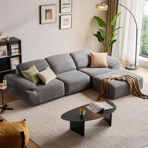 LINSY HOME Hörnsoffa med sovfunktion – 290 cm Corduroy modulär bäddsoffa, L-formad soffa inkl. ottoman, perfekt för vardagsrum, TV-kväll eller gästövernattning (grå)