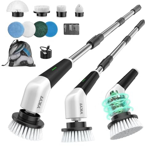 YKYI Brosse Électrique Nettoyage Rotative, 8 Têtes, IPX7, sans Fil | Manche extensible, 2 vitesses, batterie 2600mAh pour salle de bain, cuisine, sols et carrelage