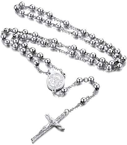 FaithHeart Rosenkranz Halskette für Damen Herren Orthodoxes Kreuzkette Edelstahl Rosenkranzkette Lange Jesus Kette mit Maria Gebetskette Silber Wundertätige Medaille Rosary Necklace Schmuck