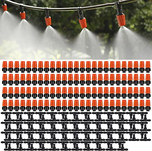 MSDADA 100 Stück Bewaesserung Sprinkler, Einstellbare Micro Drip BewäSserungssprinkler Emitter Tropfsystem Bewässerungsregner für Blumenbeete, GemüSegäRten, Rasen(Orange)
