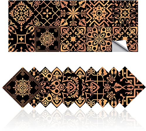 Cendray Adesivi per Piastrelle, Nero Oro Retro Adesivi per Piastrelle per Bagno Cucina, Antiolio Impermeabile PVC Autoadesivo Decorazione Stile Marocco (20,10x10cm)
