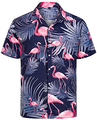 J.VER Hawaiian Shirts for Men Fashion Short Sleeve Summer Casual Beach Holiday Party Aloha Tropical Flower Ugly Button Down Tops Navy Blue Flamingo M