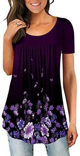 Magritta Tunic Tops for Women Summer Tunics Shirt Short Sleeve Floral Printed Blouses Ruffle Casual T Shirt Swing Tops for Leggings Dark Purple Large