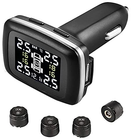 OBEST Sistema di controllo della pressione dei pneumatici, monitor TPMS wireless con 4 sensori esterni, angolo di visione regolabile - presa accendisigari e porta di ricarica USB