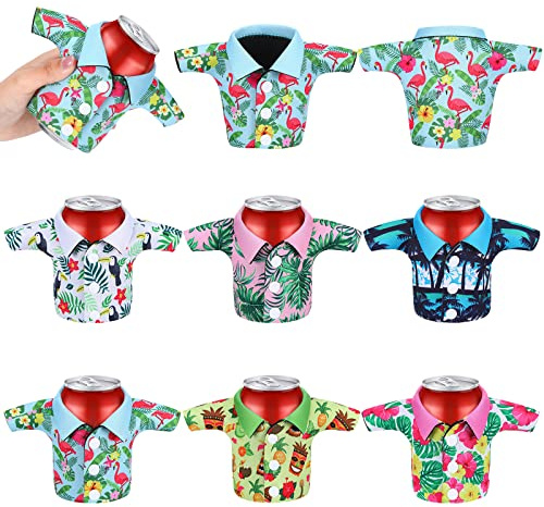 Funtery 6 Pack Can Shirt Cooler Sleeves 12 oz Summer Hawaiian Tropical Funny Can Cooler Bulk for Beer Beverage Soda Birthday Beach Themed Party Favor (Bright Style)