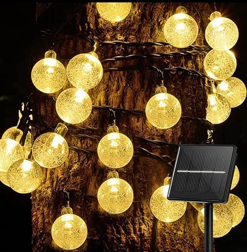 Liyade Guirlande lumineuse solaire, 8 m 40 LED en forme de boules de cristal étanches IP65, 8 modes, lumières de Noël, décoration extérieure pour jardin, balcon, terrasse (blanc chaud)