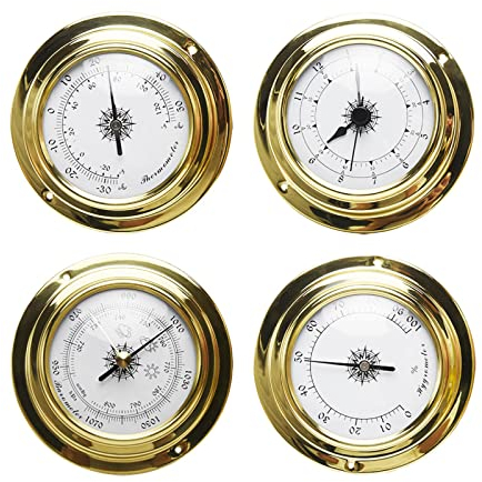 WANAONE Termómetro higrómetro de barómetro de latón, 4 unidades, reloj barómetro, termómetro higrómetro, kit de instrumento meteorológico, reloj de vela de barco de yate, regalo (como se muestra)