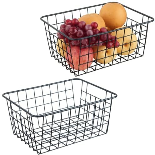 JUNCHU CHERRY Wire Kitchen Storage Basket 2 Packs,Perfect Pantry Organization Accessories Basket,Laundry,Countertop Organization,Suitable for Kitchen,Bathroom,Bedroom,Tabletop,Stackable,Black