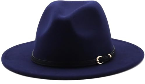 HEYANN Cappello Fedora Classico a Tesa Larga in Lana Feltro per Uomo Donna Cappello Jazz Stile Panama con Fibbia da Gentiluomo per Festa in Spiaggia, Blu navy, L