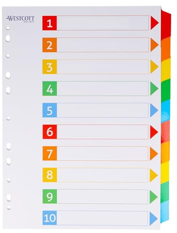 Westcott Index tabs for A4 folders | Divider Sheets for A4 folders | 10 writable tabs in 5 Colours as Folder Organiser | Sturdy 160 g/m² with Euro Hole Punch | E-1733311 00