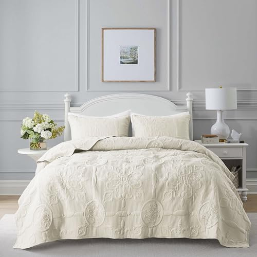 Ivory Damask Quilt King Size Bedding Sets with 2 Pillow Shams, Cream Boho Bedspread Lightweight Soft Farmhouse Vintage Bohemian Coverlet Retro Jacquard Pattern Bed Cover for All Season, 3 Pieces