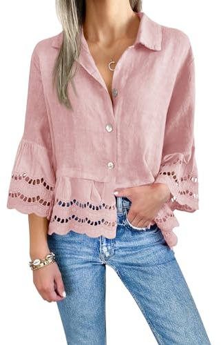 Cicy Bell Womens 3/4 Bell Sleeve Button Down Shirts Casual Ruffle Hem Tops Eyelet Blouse Pink