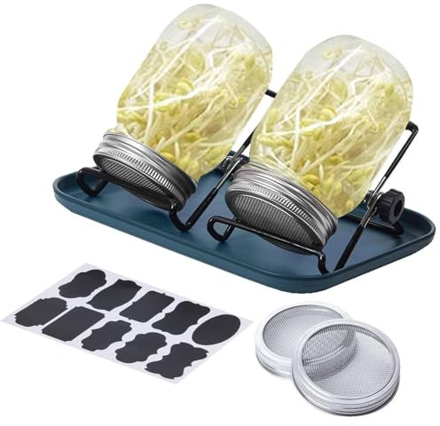 Kit de pots de germination, ensemble de germoirs de pots Mason à large ouverture, kit de culture de germination avec couvercles de passoire en acier inoxydable, support de plateau et tissu d'ombrage