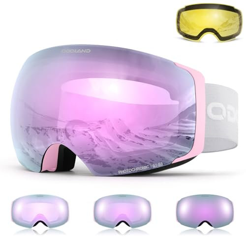 Odoland Photochromic Skibrille Magnetisch, OTG Snowboardbrille mit Magnetische Wechselglas für Damen und Herren Jungen Große Sphärische rahmenlose Schneebrille Rosa