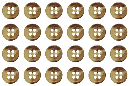 Paquete de 24 botones redondos de plástico para coser camisas blusas planas de 11 mm, color marrón claro, 4 agujeros, 18 L