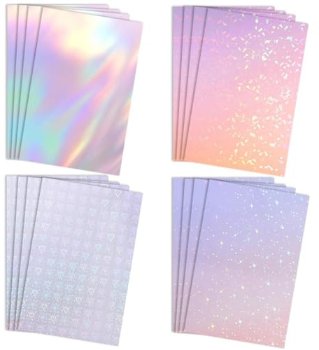 STOUCLA 4 Motivos Película Holográfica Película Holográfica Papel Adhesivo Holográfico Transparente Autoadhesivo Impermeable para Manualidades Decoración Bricolaje 16 Hojas A4