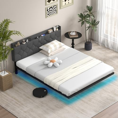 GIANTEX Letto Matrimoniale 160 x 200 cm Testiera con Luci LED ，Struttura Letto a Doghe Carico 300 kg，Letto con Struttura Moderno，Senza Materasso，Nero