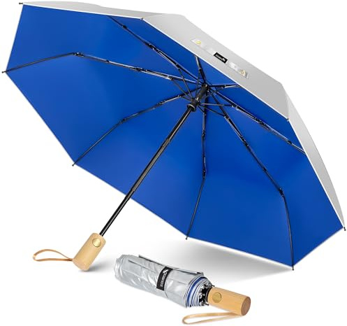 ZOMAKE UV Umbrella for Sun Protection UPF 50+,Sun Umbrella UV Protection,43 Inch Travel Compact Brolly Solar Blocking Reflective Windproof Auto Open Close with Wooden Handle (Silver/Navy Blue)