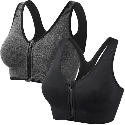 DAVBNM 2 Pack Zip Front Fastening Bras Sports Bra Post Surgery Bra Yoga Bra for Workout Fitness Women Sports Bras High Impact Seamless Zip Front Fastening Workout Running Gym Top Black, Gray
