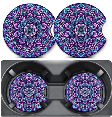 2 Pack Mandala Blue Car Coasters for Cup Holders,Neoprene Anti Slip Mat