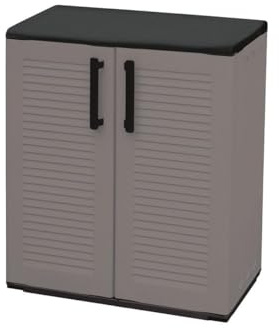INTEC - Armoire Basse de Rangement 2 Portes Gris Anthracite 68x37x84 cm – Meuble Polypropylène Recyclé pour Garage, Jardin, Buanderie – Résistant Eau & UV