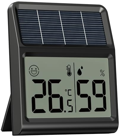 Solar Thermometre Humidimetre, Alimentation par la lumière naturelle intérieure sans batterie, Thermomètre Hygromètre Digital, Hygrometre Interieur