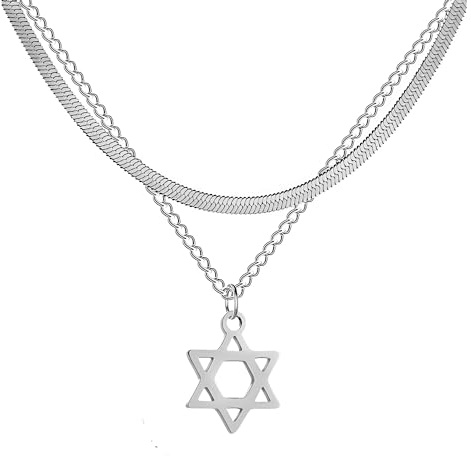 Davidsstjärna Halsband för kvinnor och män, 925 sterling silver hänge Hexagram dubbellagerkedja, judiska kvinnor, män