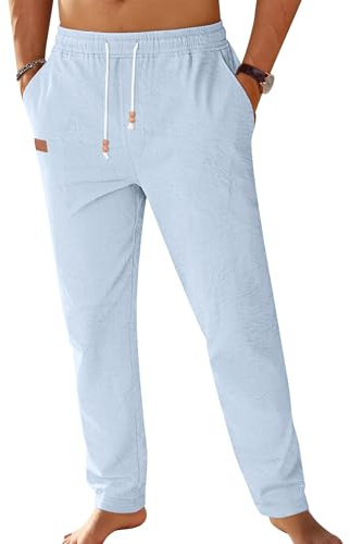 TARAINYA Pantalon Lin Homme de Loisirs avec Cordon de Taille et Poches Pantalon Homme Taille Elastique Élégance Estivale Décontractée Bleu Ciel L
