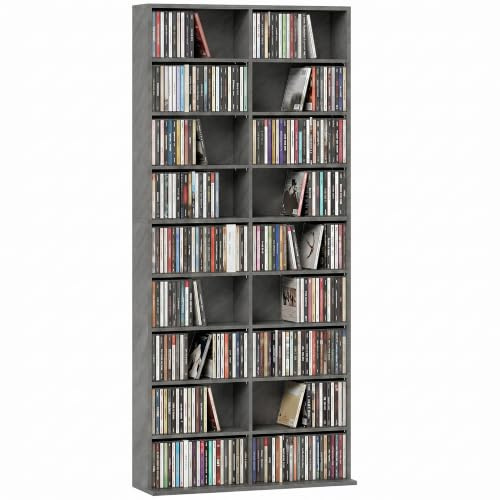 HOMCOM Rangements pour CD et DVD 18 Compartiments 78,5x24x175cm Gris Clair | Meuble de Rangement Multimédia, Capacité Max. 640 CD/360 DVD et 430 Blu-ray, 14 Étagères Réglables, pour Salon, Chambre