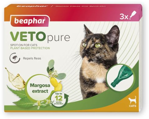 Beaphar - VETOpure Flea Spot-On for Cats – 3 pipettes | Repels fleas for up to 4 weeks, 3 pipette pack giving up to 12 weeks plant-based flea protection, for cats from 12 weeks old