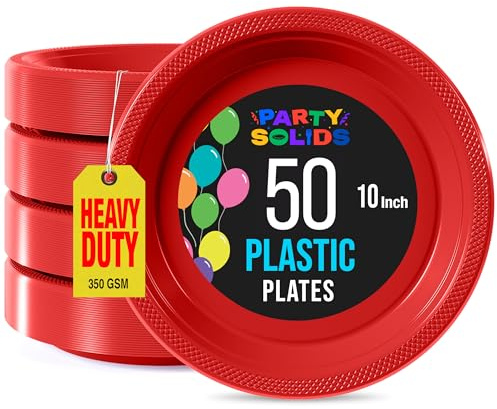 Exquisite Party Solids Red Plastic Plates For Party Supplies 10 Red Disposable Plates Heavy Duty 50 Pcs Plastic Dinnerware Sets Heavy Duty 350 GSM Disposable Dinnerware Set