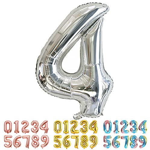 Ponmoo Foil Balloon Number 4 Silver, Giant Numbers 0 1 2 3 4 5 6 7 8 9 10-19 20-29 30-39 40-49 50-60-70-80-90-100, Large Balloons for Wedding Anniversary Birthday Party Decoration