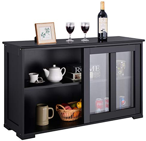 Giantex Buffet Sideboard, Wood Credenza with Sliding Doors, Storage Cabinet with Adjustable Shelf, Modern Console Table, Kitchen Cupboard, Buffet Pantry, Living Room Dining Room Furniture (Black)