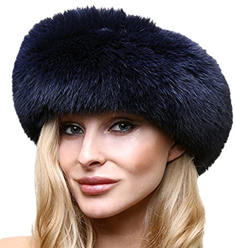 Women's Faux Fur Russian Beret Hat Cossack Style Ear Warmer Earmuff Fur Headband Round Thick Winter Wrap Cap (Black, One Size)