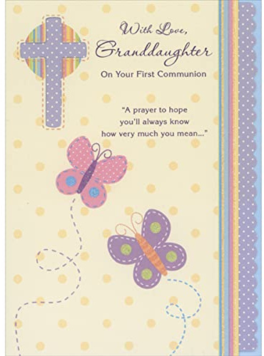 Designer Greetings Pink and Purple Butterflies and Die Cut Cross Window with Polka Dots 1st / First Communion Congratulations Card for Granddaughter
