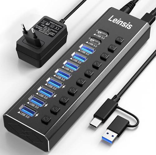 Powered USB Hub 3.2, LEINSIS 10-Port USB 3.2/USB C Hub (10Gbps USB-A 3.2 +2 USB-C 3.2 +7 USB 3.0 Ports) with Individual On/Off Switches and 12V Power Adapter, Aluminum USB Hub Powered for Laptop PC