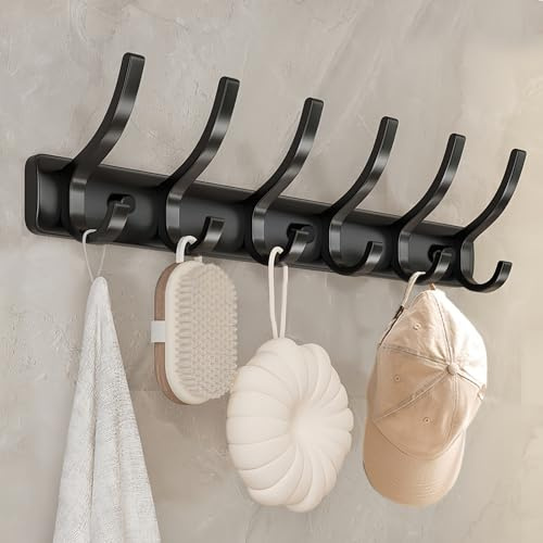 Gerhannery Porte Manteau Mural - Robuste Patere Murale Porte Manteau pour Entrée Chambre Salle de Bain, Crochets Manteaux avec 6 Crochets Métalliques (Noir)