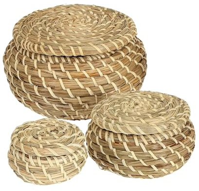 JISADER Cesta de Mimbre con Tapa, cestas Redondas Tejidas de Marinas, pequeña Caja de Cesta de Almacenamiento de ratán Hecha a Mano para Estante, hogar,