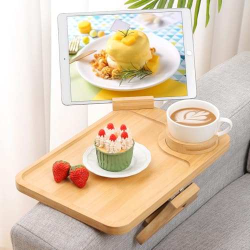 Kssiaz Bandeja de Brazo de Sofá, Mesa de Brazo de Sofá con 360° Giratorio Portateléfono y Portavasos, Soporte para Brazo de Sofa de Fácil Acceso, Portavasos de Sofá para Snacks, Teléfono, Mando, Tazas