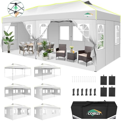 COBIZI Tonnelle Barnum Pliante 3x6 Pop up Tonnelle de Jardin Exterieur Imperméable Tente de Reception avec 6 Panneaux Latéraux Chapiteau avec Ventilation pour Camping Sac de Transport, Anti UV, Blanc