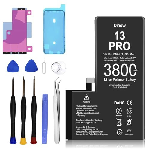 Dinow Akku für iPhone 13 Pro, 3800mAh hohe Kapazität 0 Zyklus Ersatzakku Set für 13 Pro Kompat mit Modell A2638/A2483/A2636/A2639/A2640, Lithium-Ionen-Batterie für 13Pro mit Reparaturwerkzeugen Kits